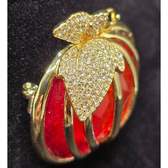 Napier Lucite Pumpkin Brooch Rhinestone Leaves & Stem Crystal Pin - Picture 2 of 7